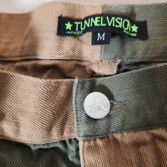 Tunnel Vision Patchwork Jeans Womens Medium Green Tan Flare Skater Streetware - Picture 3 of 14